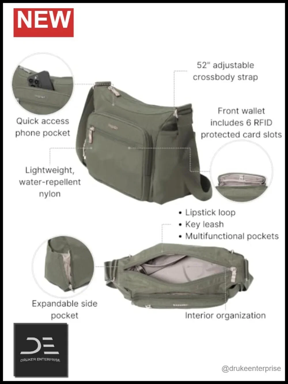 Baggallini Crosstown Hobo Crossbody with RFID Wallet & Water Bottle Holder